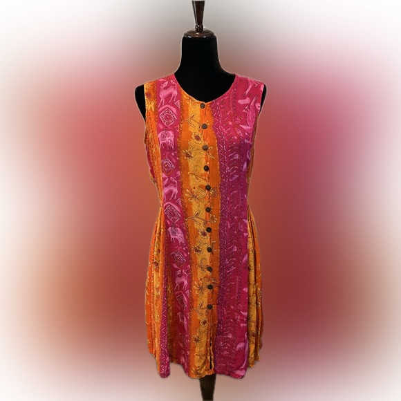 Silver Stream Dresses & Skirts - 90’s Boho Vibrant Pink and Orange Sleeveless Dress size M